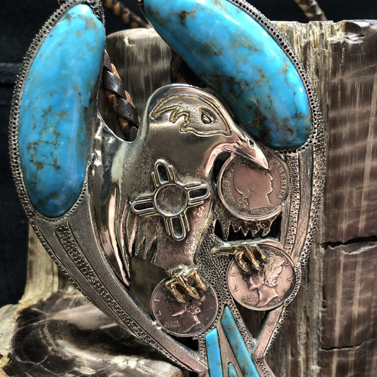 Custom Bolo Tie in Sterling Silver and 14k Yellow Gold and Turquoise with two Mercury Dimes and one Barber Dime.