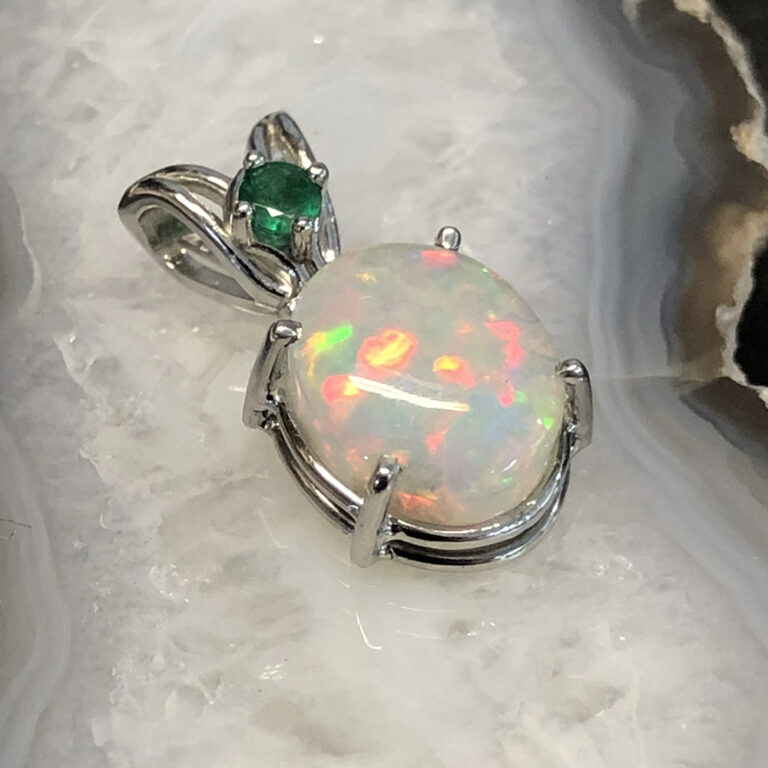 Custom Welo Opal 14k White Gold Pendant with Emerald accent